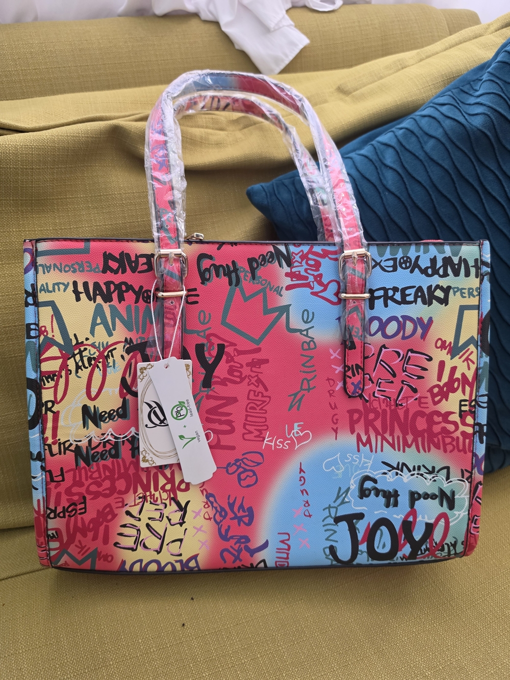 Colorful Graffiti Tote Bag - Pink Blue Multicolor